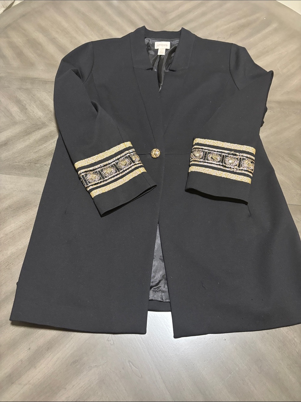 Chico's Black Blazer with Gold-Trim Cuffs and Decorative Button